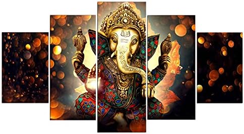 Haihuic India Ganesha 5 Panels Canvas Wall Art Painting Print on Canvas, Without Frame, for Home Living Room Wall Decoration