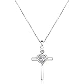 SILBERTALE 925 Sterling Silver Cross Pendant Necklace with Rose Flower Heart Cubic Zirconia Birthstone Adjustable Chain Jewelry for Women