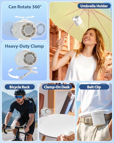PINREK Clip-On Mini Fan, USB-C Rechargeable 15000 RPM Portable Cooling Fan | With LED Display 5-Level Adjustment, Clip Your Waist/Umbrella/Bicycle/Table, For Summer Use Outdoor, Home, Office, and Sports