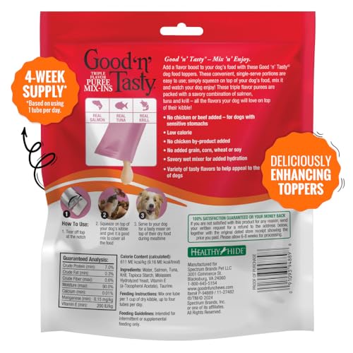 GOOD ‘N’ TASTY TRIPLE FLAVOR PUREE MIX-INS DOG FOOD TOPPER TREATS FOR ALL DOGS, 28 COUNT, EASY SINGLE-SERVE PORTIONS, ADDED PROTEIN WITH SALMON, TUNA AND KRILL, NO CHICKEN OR BEEF ADDED