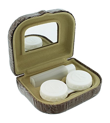 Faux Patent Leather Croco Contact Lens Travel Case Mirror Solution Bottle Beige