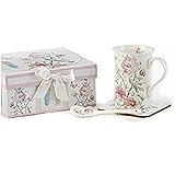 Delton Products Feather & Floral Porcelain Mug-Coaster-Spoon Set in Gift Box Novelty,Pink,12 Ounces