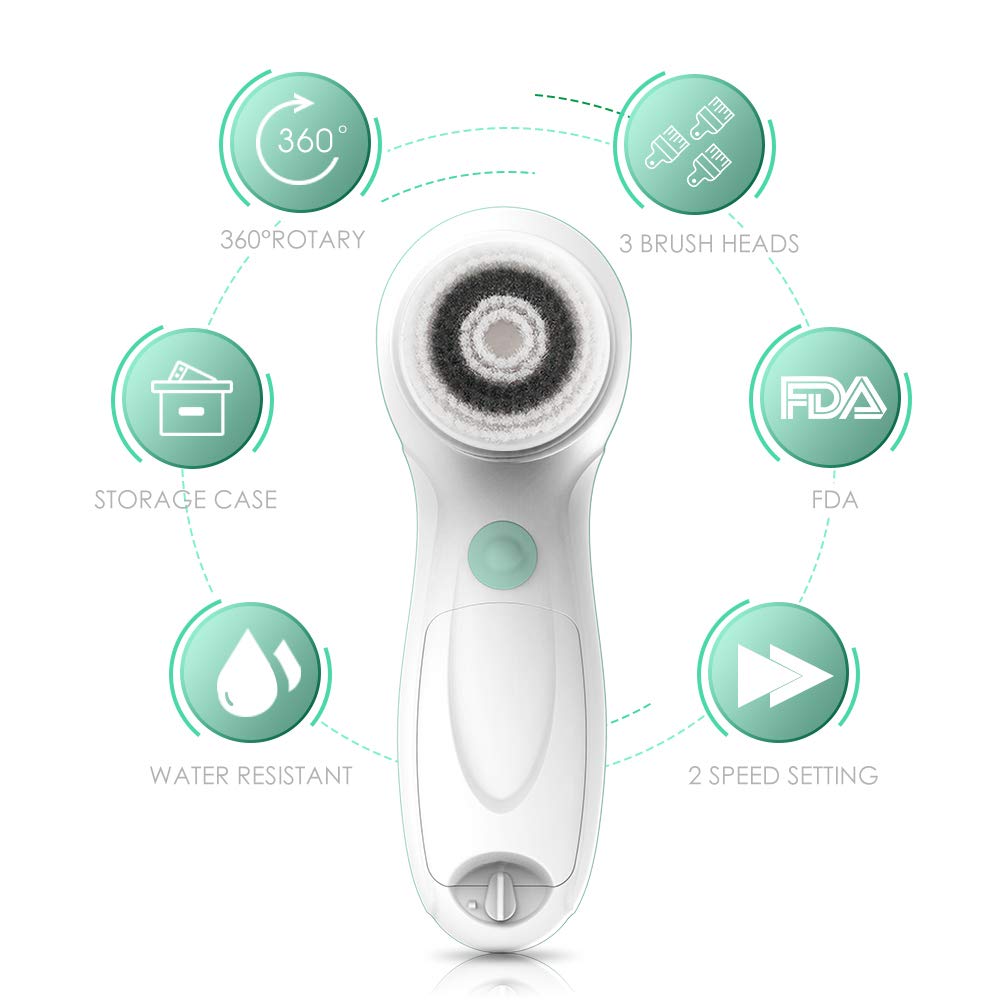 TOUCHBeauty Facial Brush Skin Deep Cleansing & Exfoliating Device with 3 Spin Brushes Original & Official Manufacture Direct | Travel Case, Waterproof, Battery Powered Mint Green: Beauty