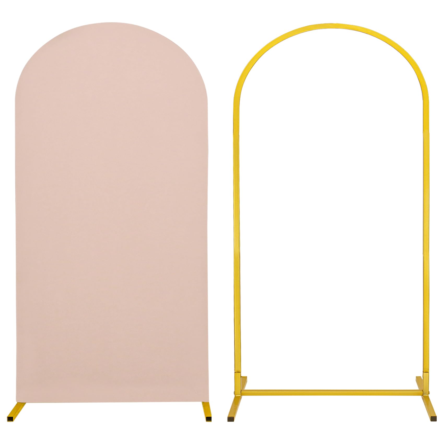 Photo 1 of Metal Arch Stand and Cover Set,1 Nude Spandex Fitted Backdrop with 1 Gold Wedding Arched Stand Frame for Parties Birthday Baby Shower Bridal Banquet Decoration (6.6FT)