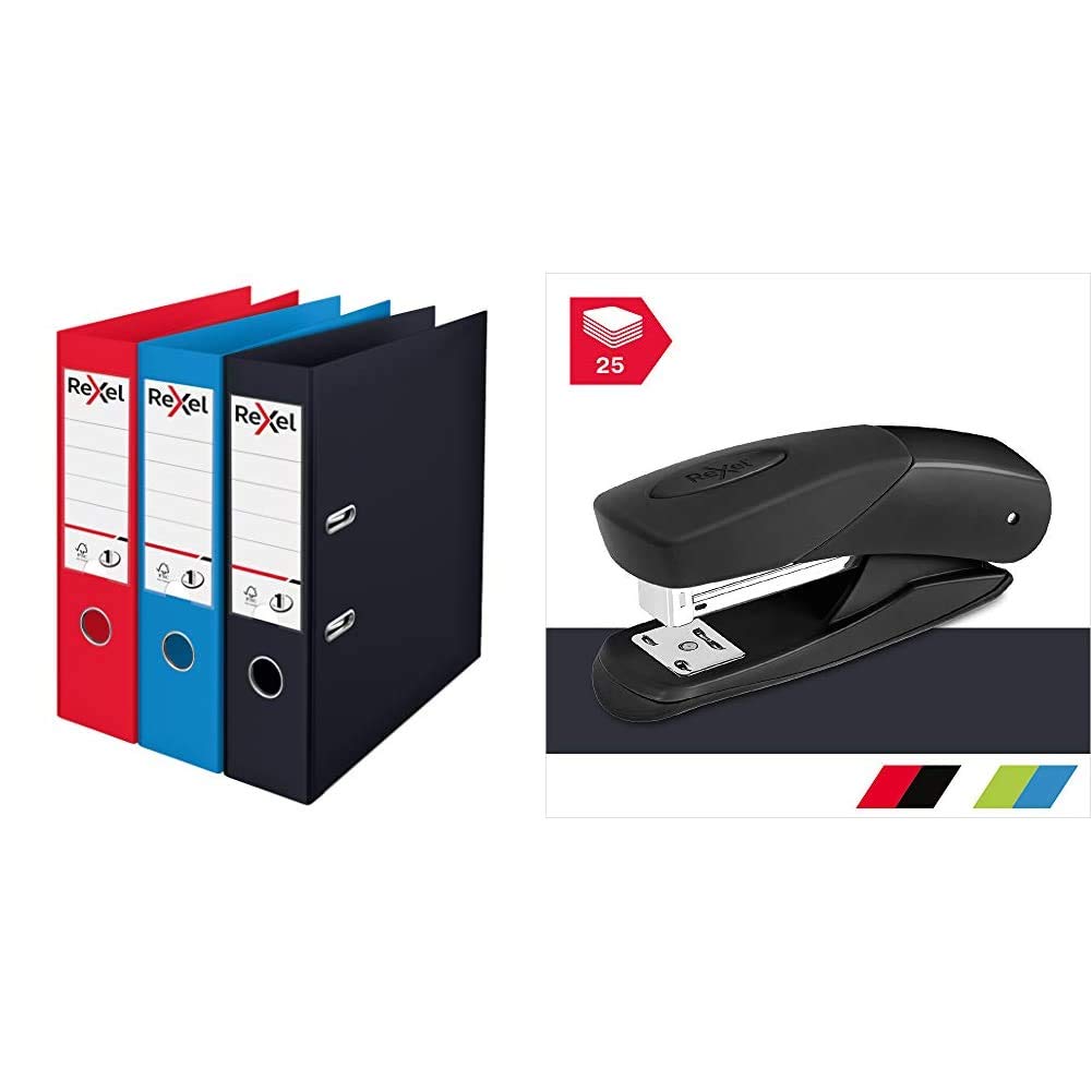 Rexel Choices A4 Lever Arch Files, Black, 3 File Folders with Matador Half Strip Stapler, 25 Sheet Capacity, Black Bundle