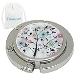 ROFLYER Flower Round Purse Hook - Foldable Handbag Hanger Safer Cleaner Bag, Fold Up For Easy Storage,Folding Table Hanger, with Velvet Pouch (Happy Tree)