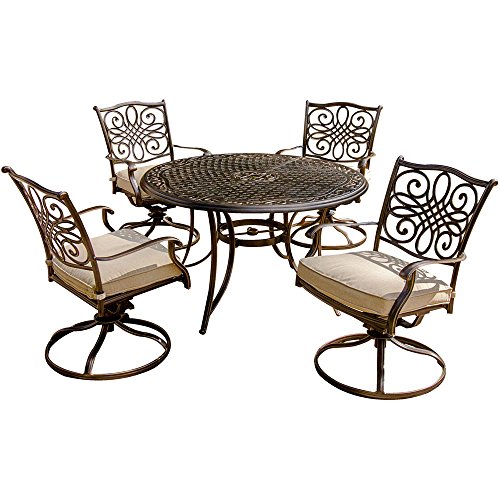 Hanover TRADITIONS5PCSW Traditions 5-Piece Deep-Cushioned Swivel-Rocker Outdoor Dining Set, Includes 4 Deep Cushioned Swivel-Rockers and 48-Inch Round Dining Table