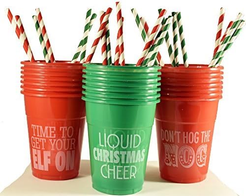Fun Plastic Christmas Cups and Paper Straws - 50 Holiday Party Cups (Red and Green) and 48 Red and Green Striped Holiday Paper Straws