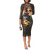 Women Sexy See Through Sheer Mesh Bodycon Midi Dress Long Sleeve Shorts 3 Piece Outfits Set Floral Print Cover Up