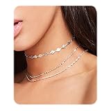 T-Doreen Layered Hollow Flower Sequins Beaded Chain Choker Necklaces for Women Girls Silver Plated