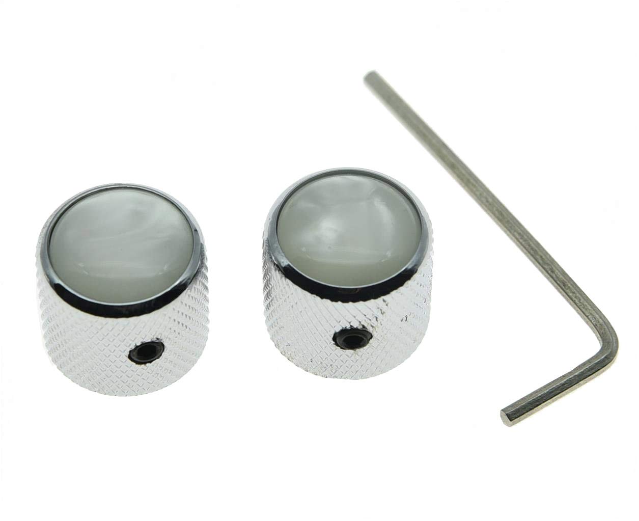 KAISH Set of 2 Chrome with White Pearl Cap Guitar Knobs Pearl Top Dome Knobs Bass Knob with Set Screw for Tele/Telecaster — image 1