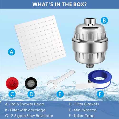 Voolan Rain Shower Head and Shower Filter Set, High Pressure Shower Heads Made of Stainless Steel, Filter Cartridge for Hard Water (25 cm, Square)