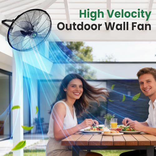 ecoCalm Solar Fan Wall Mount Waterproof, Metal Solar Powered Fan with Battery & Adjustable Thermostat, 18" Heavy Duty Outdoor Fans for Patios 3 Speeds, 180° Tilt