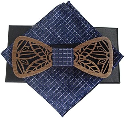 SAMBAN Creative Hollow Out Men’s Wood Bow Tie Matching Pocket Square Handmade Wedding Party Adjustable Bowtie Necktie With Gift Box