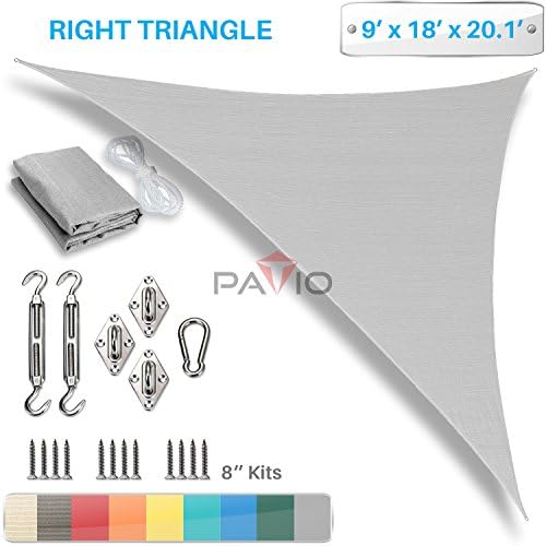 Patio Paradise 9' x 18' x 20' Sun Shade Sail with 8 inch Hardware Kit, Light Grey Right Triangle Canopy Durable Shade Fabric Outdoor UV Shelter - 3 Year Warranty - Custom Size Available