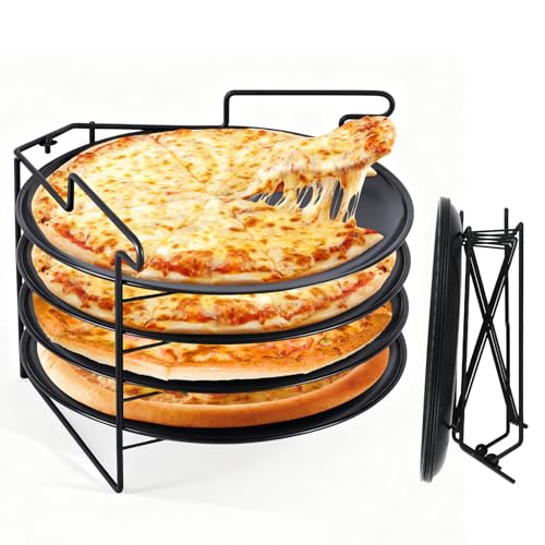JIAWANSHUN Folding Pizza Rack Stand 4-Layer Stainless Steel with 12-Inch Non-Stick Pan,Oven-Safe Baking & Cooling Holder for Home Kitchens,Pizza Shops,Commercial Restaurants