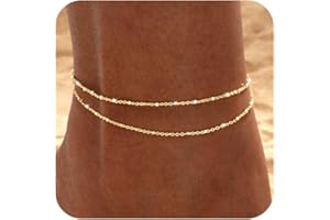 SCTHCS Gold/Silver Ankle Bracelets for Women Dainty14K Gold Plated Waterproof Cuban Bead Chain Sets Layered Non Tarnish Summer Beach Bracelets 8.3+2 Inch Adjustable for Womens Jewelry Gifts