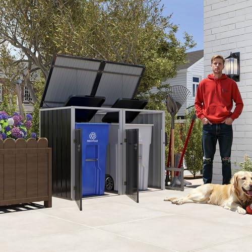 KEIKI 54 Cu.Ft Outdoor Trash Can Storage Shed for 2 Bins, Galvanized Metal Garb…