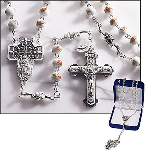 Paola Carola Hallmark Rosary Lady of Guadalupe Rosary 10 Mm Loreto Our Father Beads, 10 Mm Austrian Crystal Bead, Oxidized Silver 26" L