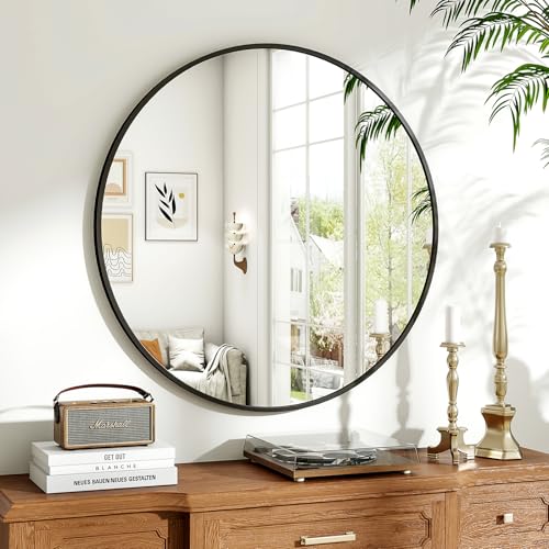 Koonmi runder Wandspiegel 80 cm, Metallrahmen, Schwarz