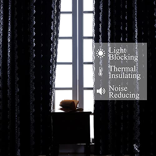 Estelar Textiler Blackout Window Curtains Silver Wave Flower Print Grommet Blackout Curtains Thermal Insulated Drapes Blinds for Bedroom Sliding Patio Door 38 x 84 Inch Black 2 Panels