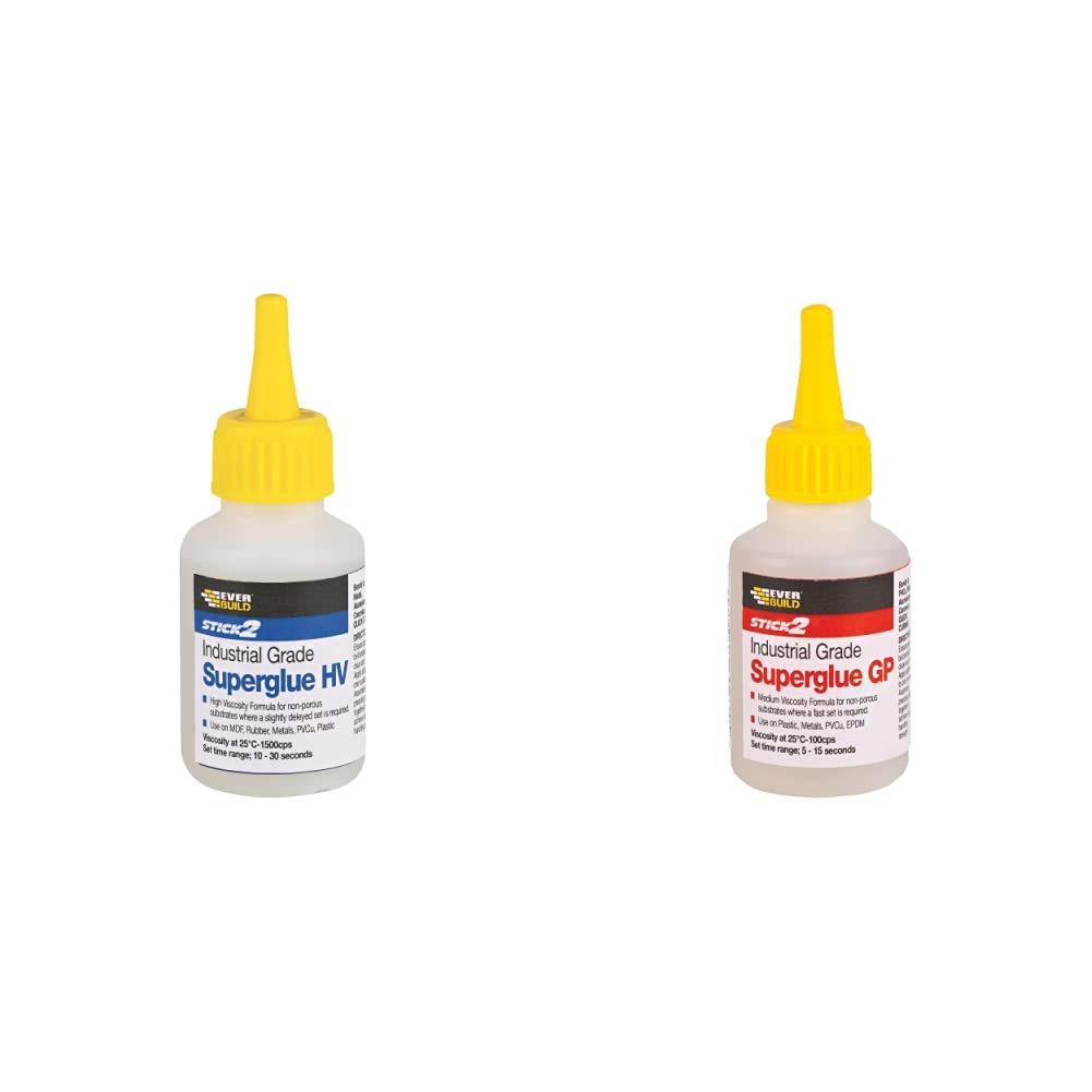 Everbuild Stick 2 Industrial Grade High Viscosity Superglue, Clear, 50 g & Stick 2 Industrial Grade General Purpose Superglue, Clear, 50 grams