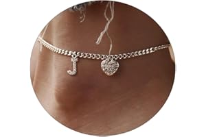 Sewyer Dainty Silver Initial Anklets for Women 14K Plated Sparkle Ankle Bracelets Simple Personalized Letter Anklet CZ Heart Cuban Chain Everyday Summer Jewelry Gift for Her