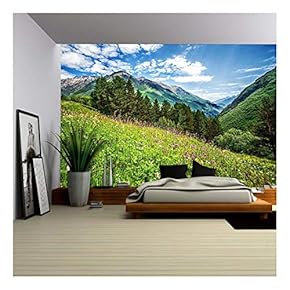 Beautiful Meadow on Cheget Mount. Bright Pink Flowers on a Mountains Field - Removable Wall Mural | Self-Adhesive Large Wallpaper - 66x96 inches
