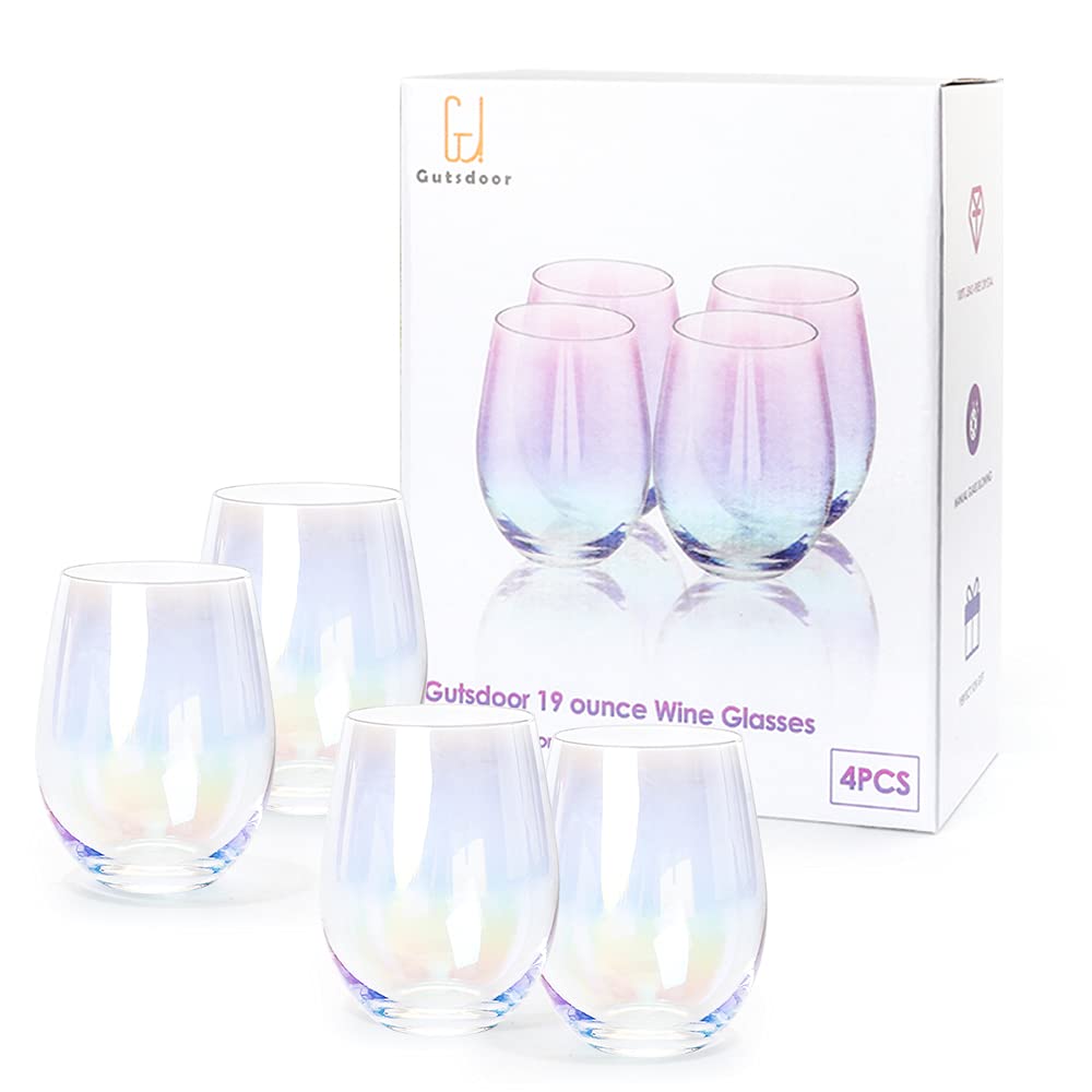 Gutsdoor Wine Glasses Large Stemless Wine Glasses 18.9 Ounce Set of 4 Iridescent All-Purpose Drinking Beverage Glasses for Red White Wine, Water, Beer, Juice, Whiskey & Bar Decor