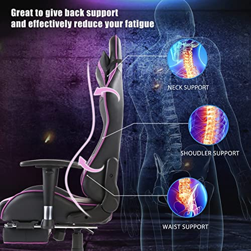 Ficmax Massage Gaming Chair Ergonomic Computer Gaming Chair with Footrest Reclining Computer Chair High Back Gaming Desk Chair Racing Style Home Office Chair With Head and Lumbar Support(Black/Purple)