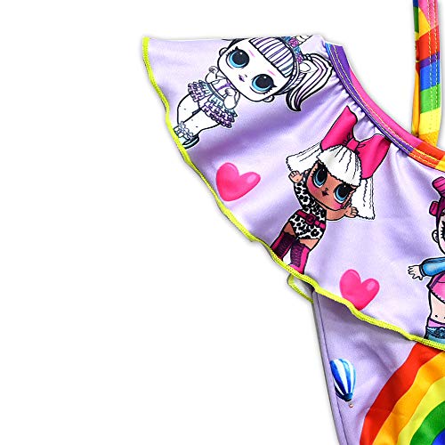 Rohero Toddler Baby Girls Swimsuits Two Piece Doll Print Ruffle Swimwear Bathing Suit for Doll Surprised (120cm/ 4-5Y, Rainbow Purple)