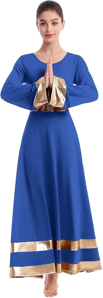 IBAKOM Womens Long Sleeve Tunic Robe Worship Praise Liturgical Full Dance Dress Ballet Costume with Sequins Belt: Clothing