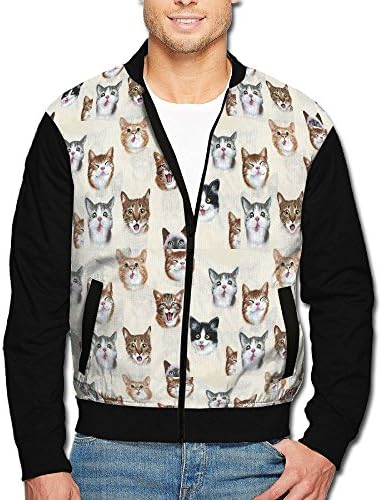 Roajgas Mens Cat Selfies Polyester Stand Collar Front Zip Jacket