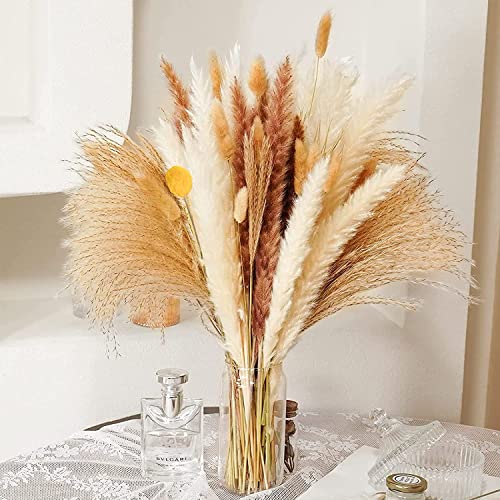 Natural Dried Pampas Grass - Boho Home Dried Flowers Decor – Includes 17 Inch White Pompous Grass, Bunny Tails, Natural Reed Grass –Fluffy Dried Flowers for Home Office Wedding Flower Arrangements