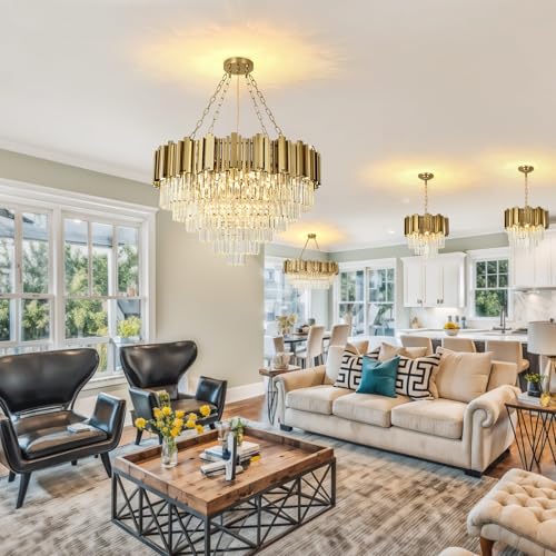 AOOCHOK Modern Gold Crystal Chandelier, Round Crystal Hanging Chandeliers, Ideal for Living Room, Dining Room, Bedroom and Restaurant, Φ80cm