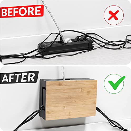 Bamboo Cable Management Box 32×20×11cm - Magnetic Lid - Cable Organizer Wall Mount with Accessories Included - Cable Storage Box for Office, TV and Home Office (White)