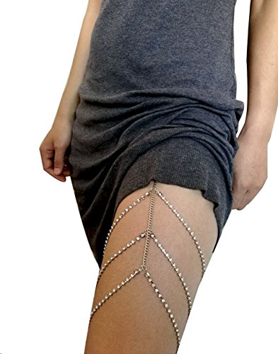 Women Sexy Bohemia Rhinestones Multi Layers Leg Thigh Chain Shiny Jewelry Beach Body Chain (Silver Color)