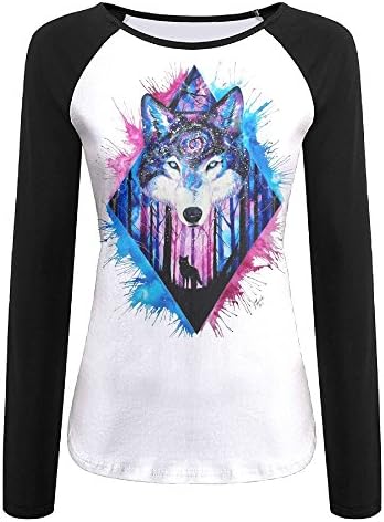Galaxy Series colorful Lobo Art Women's Color Block Long Sleeve T-Shirts Crew-Neck Casual Slim Tops Athletic Fitted Tee