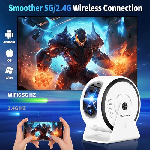 Mini Projector [Integrated Apps & 2026 Upgraded] Support 4K 1080P, Portable Projector Auto Focus/Keystone with WiFi 6 and Bluetooth 5.4 Correction 360°Rotation, Mini Projector Home Theater- White