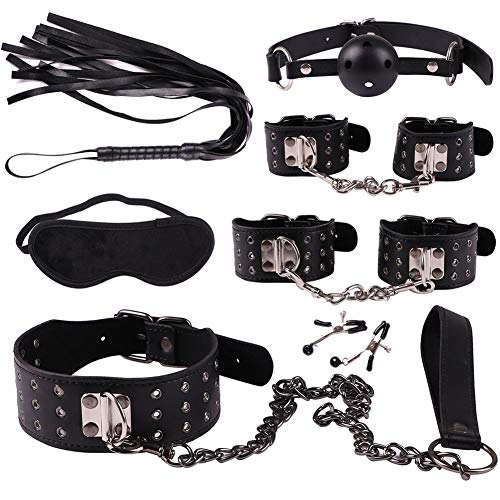 7 Piece Leather Bondage Restraints Set Kit for Bed and Under Bed Sex Play SM Bondage Toy Gear Wrist Cuffs Gags Collar Spanking Nipple Rope Strap On Harness for Women Couples Lesbian Female,A3