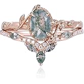 Flpruy Natural Moss Agate Ring for Women 925 Sterling Silver Green Moss Agate Set Ring for Women Promise Ring Engagement Moss Agate Jewelry for Wedding/Anniversaries/Daily
