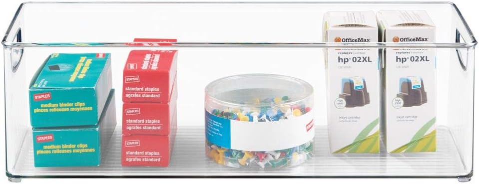 mDesign Large Stackable Plastic Storage Bin Container, Home Office Desk and Drawer Organizer Tote with Handles - Holds Gel Pens, Erasers, Tape, Pens, Pencils, Markers - 16" Long, 2 Pack - Clear : Office Products