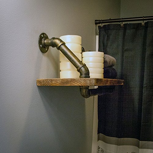 Lily's Home Industrial Plumbing Pipe Floating Wall Shelf, Rustic Design Includes Mounts with Screws for Use as a Bookshelf, Accessory Holder, or Knick-Knacks, Wood, (21.5" L x 9.75" W)