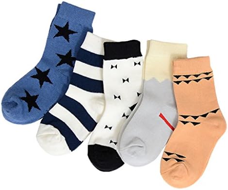 Unisex Baby Crew Socks 5 Pairs Toddler Boys Girls Novelty Cartoon Set #4 Orange/Black Geometry 1T-3T