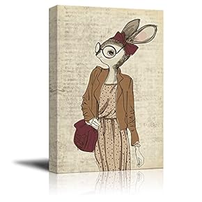 Creative Animal Figure on Vintage Paper Canvas Wall Art - Lady Bunny - Giclee Print Gallery Wrap Modern Home Art Ready to Hang - 12x18 inches