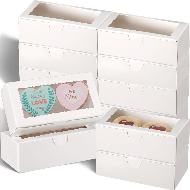Photo 1 of Sherr 200 Pieces Small Bakery Treat Boxes 4 x 2 x 1 Inch with Window Mini Kraft Cookie Packaging Boxes for Wedding Bridal Showers Guest Party Supplies(White)