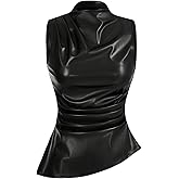 WDIRARA Women's Plus Size Mock Neck PU Leather Tank Top Ruched Sleeveless Asymmetrical Tops