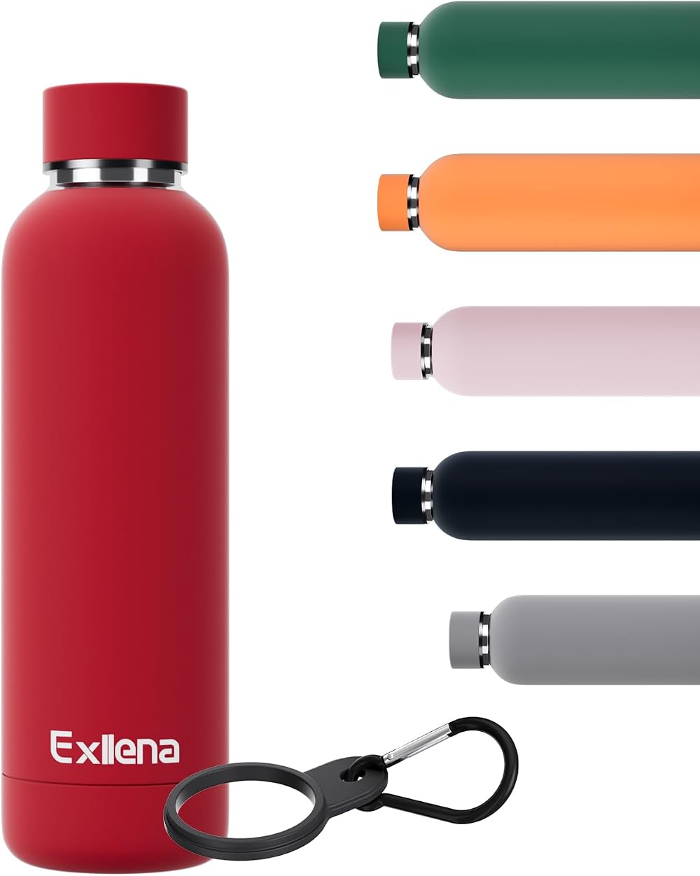 Exllena 500ml Insulated Water Bottle Red with Clip Double Wall Stainless