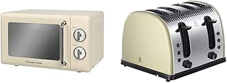 Russell Hobbs RHRETMM705C 17L Retro Manual 700w Solo Microwave Cream & 21302 Legacy 4-Slice Toaster, Stainless Steel, 2400 W, Cream