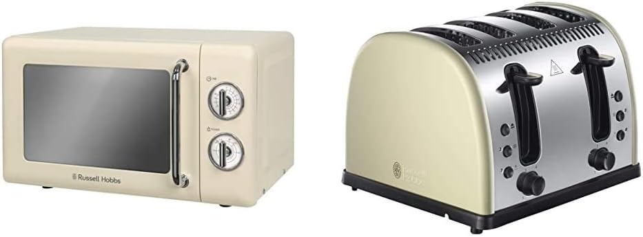 Russell Hobbs RHRETMM705C 17L Retro Manual 700w Solo Microwave Cream & 21302 Legacy 4-Slice Toaster, Stainless Steel, 2400 W, Cream
